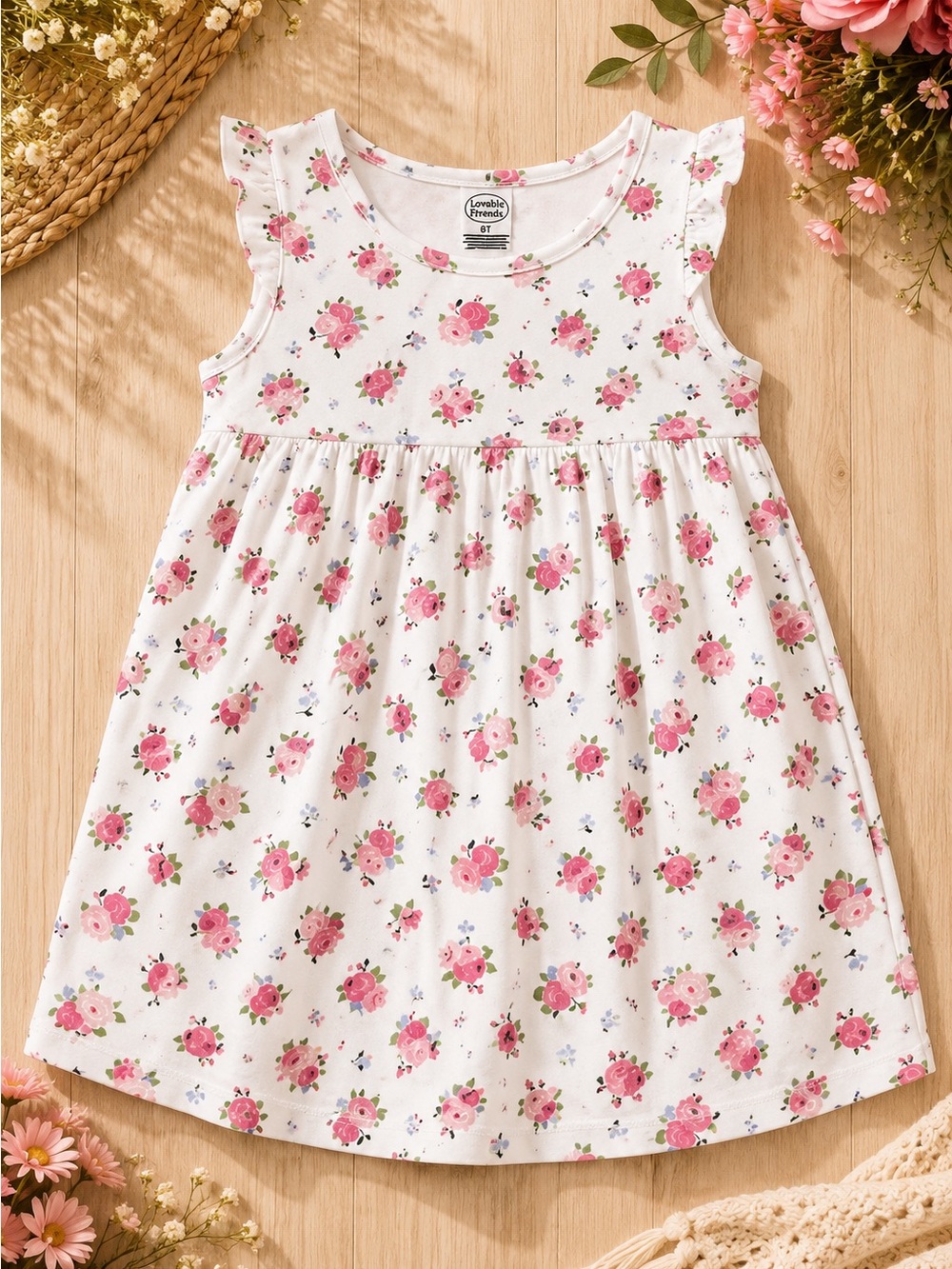 Luvable Friends White Floral Ruffle Sleeve Dress with Pink Roses